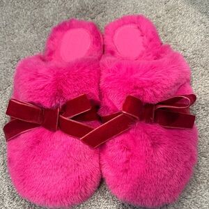 Auden Vibrant Pink Fuzzy Slippers with Deep Red Bow